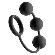 Black silicone anal ball cock ring with three weighted balls.