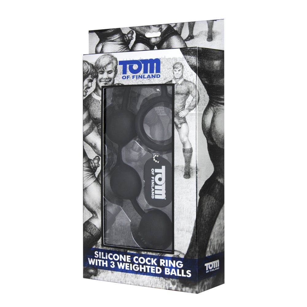Black silicone cock ring with three weighted balls, branded Tom of Finland.