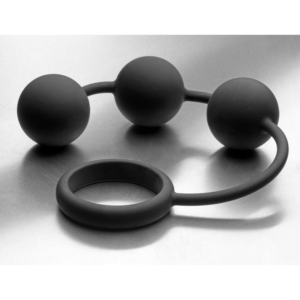Black weighted silicone anal ball cock ring.
