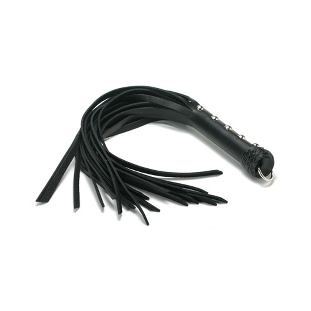 Black leather flogger with 25 strands and silver stud accents.