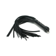 Black leather flogger with 25 strands and silver stud accents.