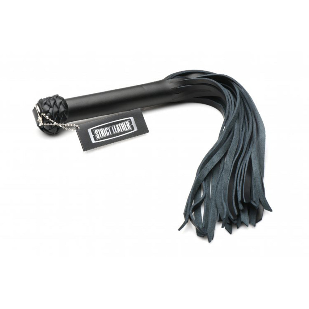 Black leather flogger with 25 strands and a braided handle.
