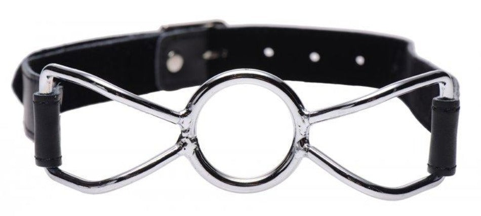 Spider open mouth ring gag with black leather straps.