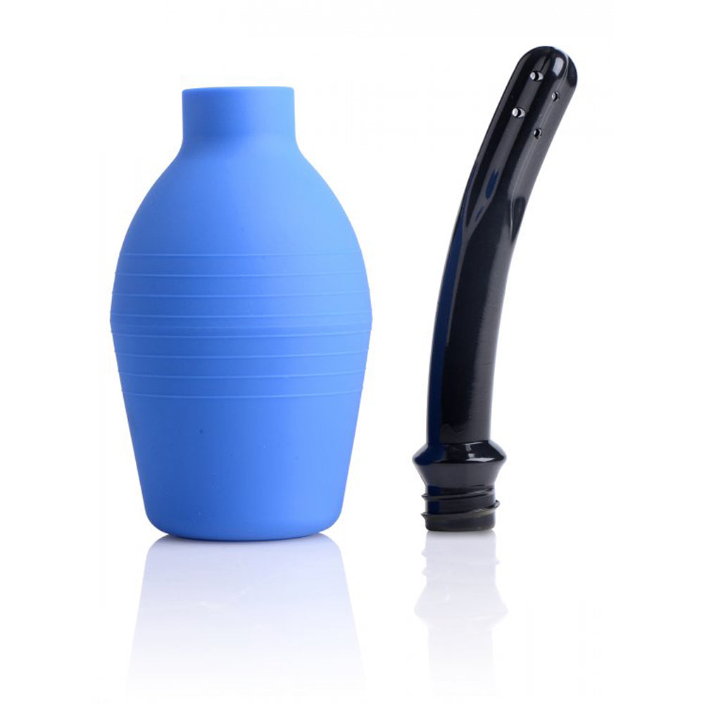 Blue PVC enema bulb with a black nozzle.