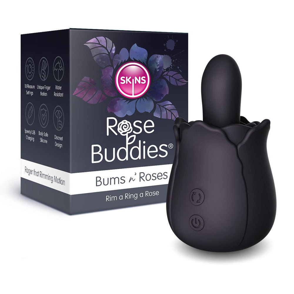 A black rose-shaped anal rimming toy with a USB charging port and two buttons.
