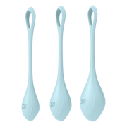 Three light blue silicone Kegel training balls with loops and logos.