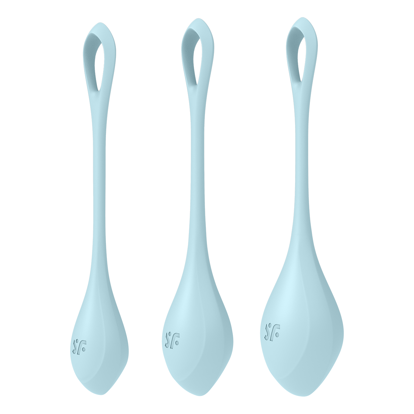 Three light blue silicone Kegel training balls with loops and logos.