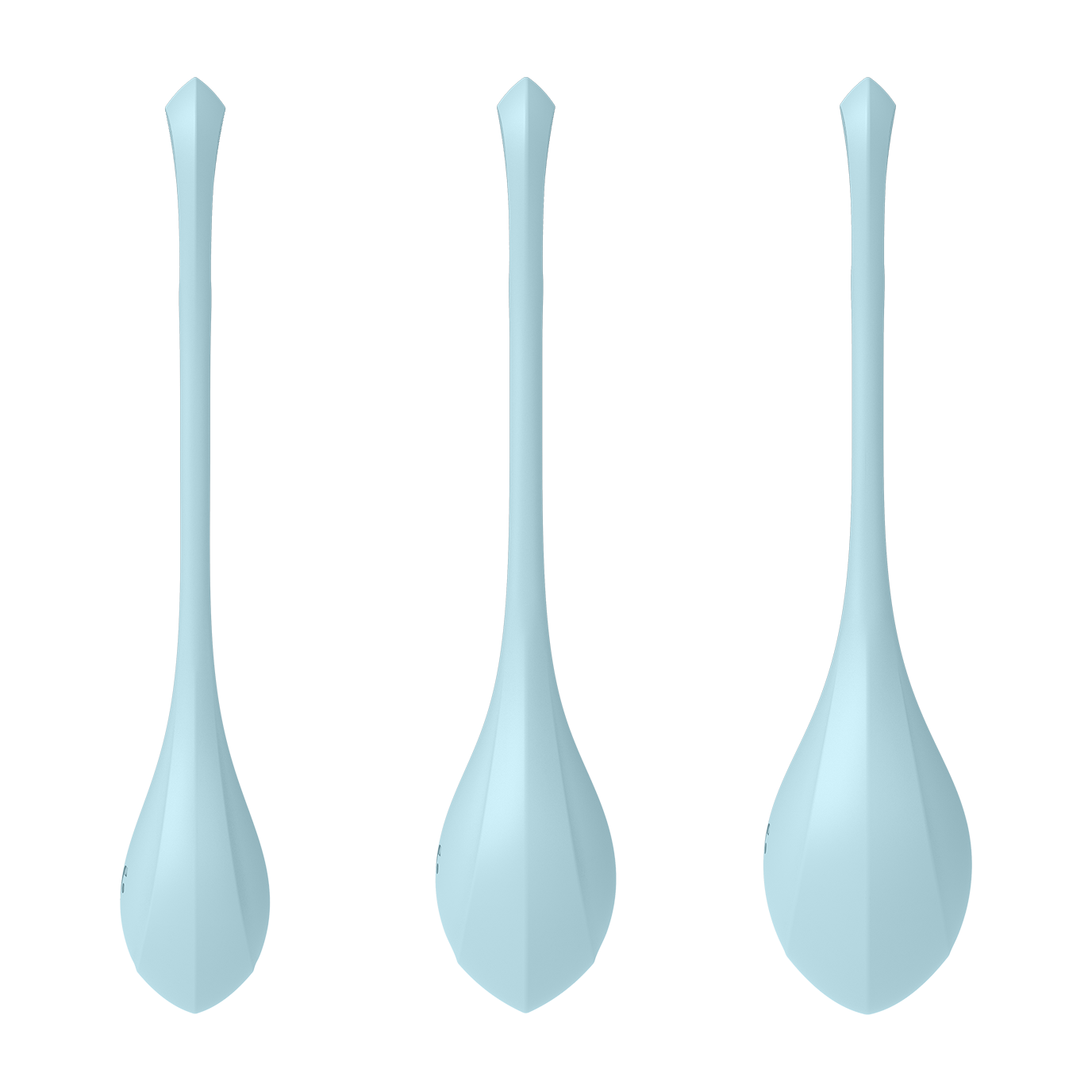 Three light blue silicone Kegel training balls with a pointed top and bulbous bottom.