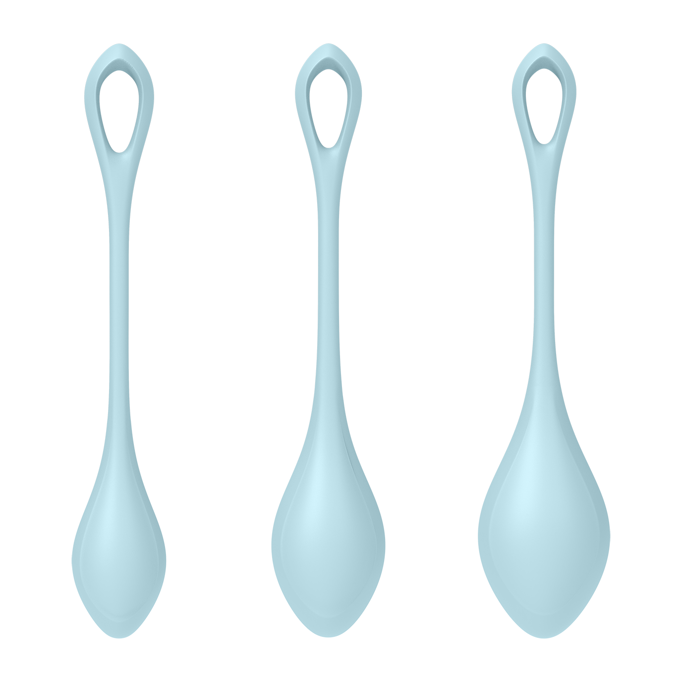 Three light blue silicone kegel training balls of varying sizes.