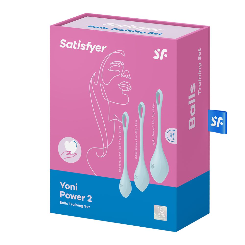 Satisfyer Yoni Power 2 light blue silicone kegel training set with three balls.