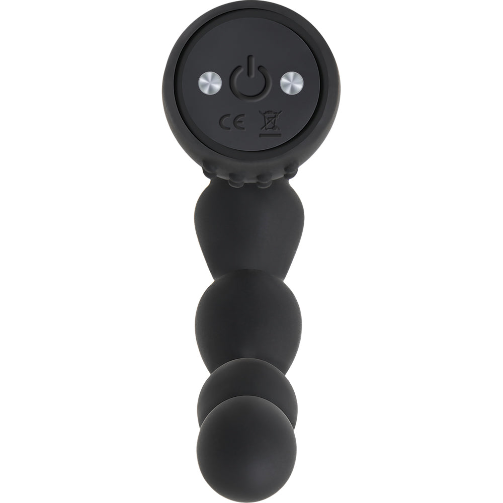 Black beaded prostate massager with a remote control and power button.