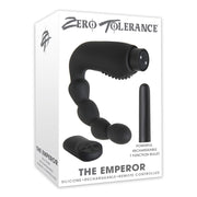 Black beaded prostate massager with remote control and bullet attachment.