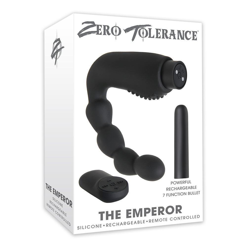 Black beaded prostate massager with remote control and bullet attachment.