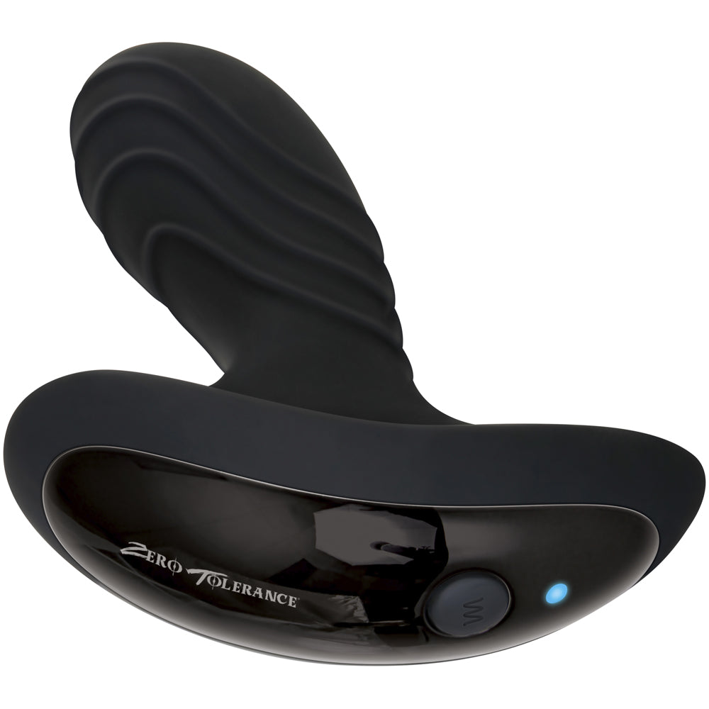 A black prostate massager with a textured head and a control panel.
