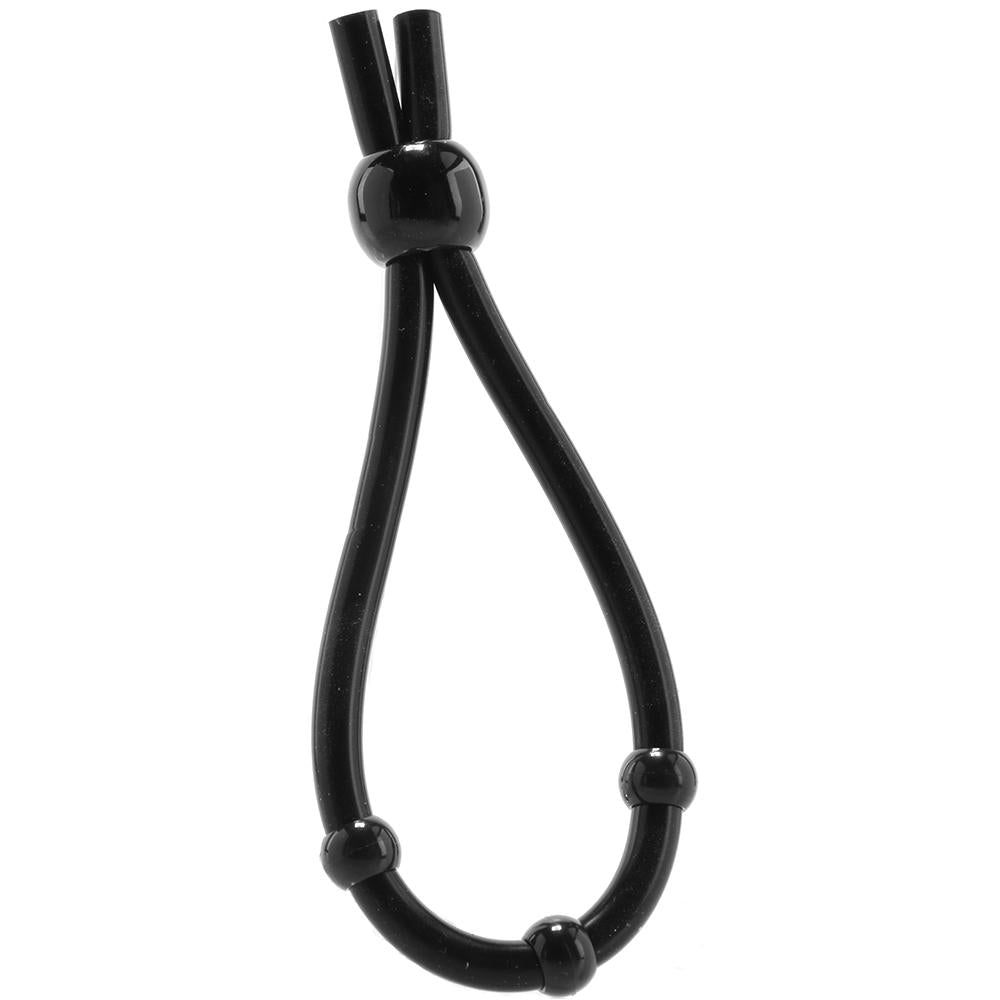 Adjustable black silicone lasso with three beads.