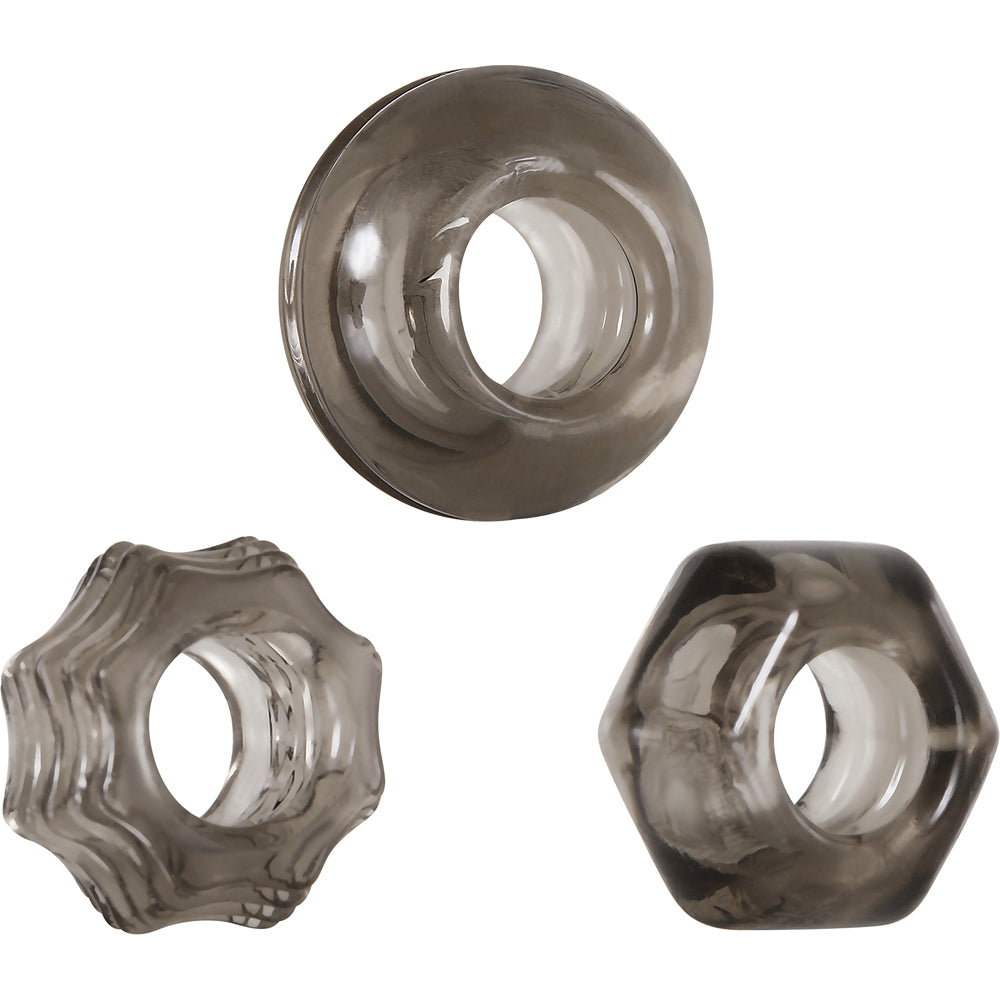 Three stretchy TPE cock rings in circle, hexagon, and star shapes.