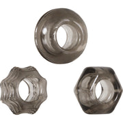 Three stretchy TPE cock rings in circle, hexagon, and star shapes.