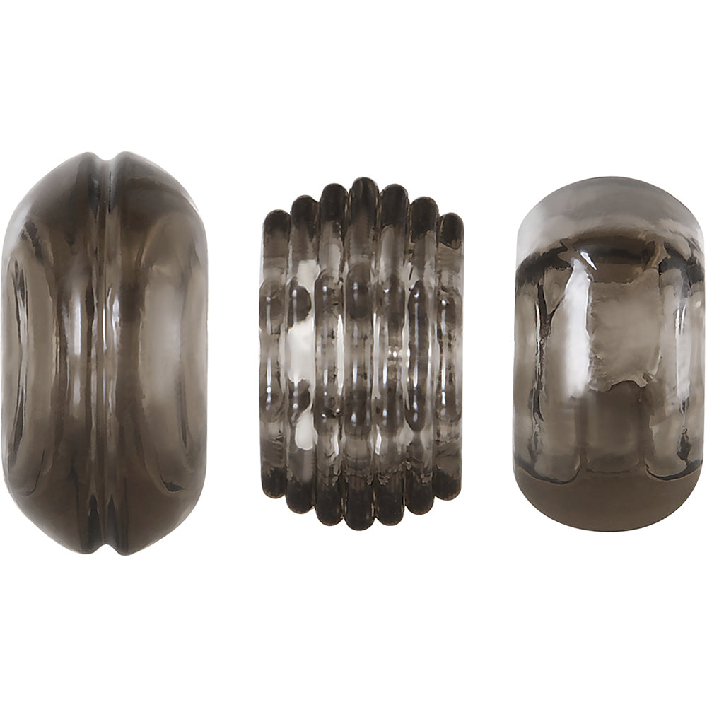 Three stretchy TPE cock rings with varied textures and shapes.