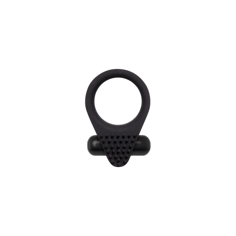 Black silicone vibrating cock ring with textured nubs.
