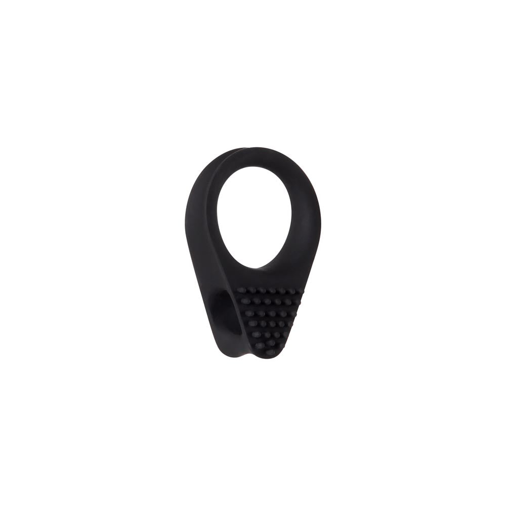 Black silicone vibrating cock ring with textured nubs.
