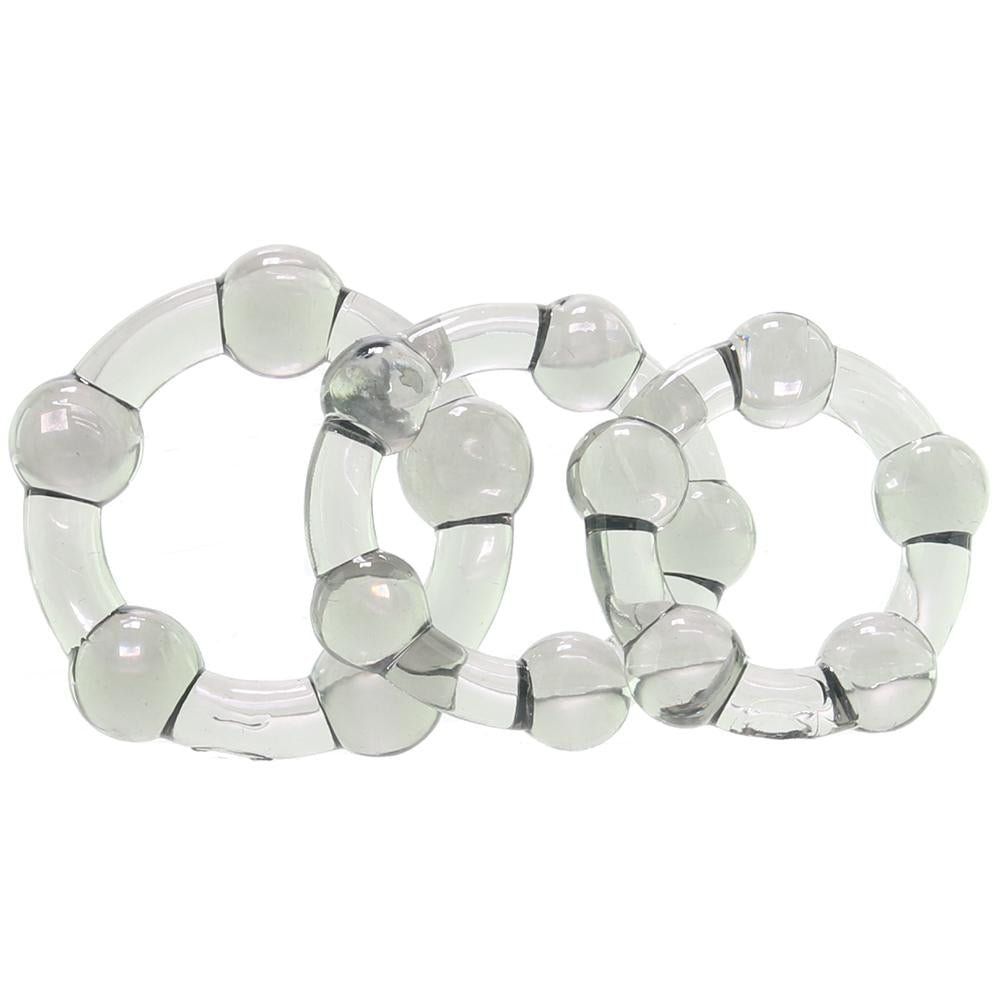 Clear glass beaded rings linked together.