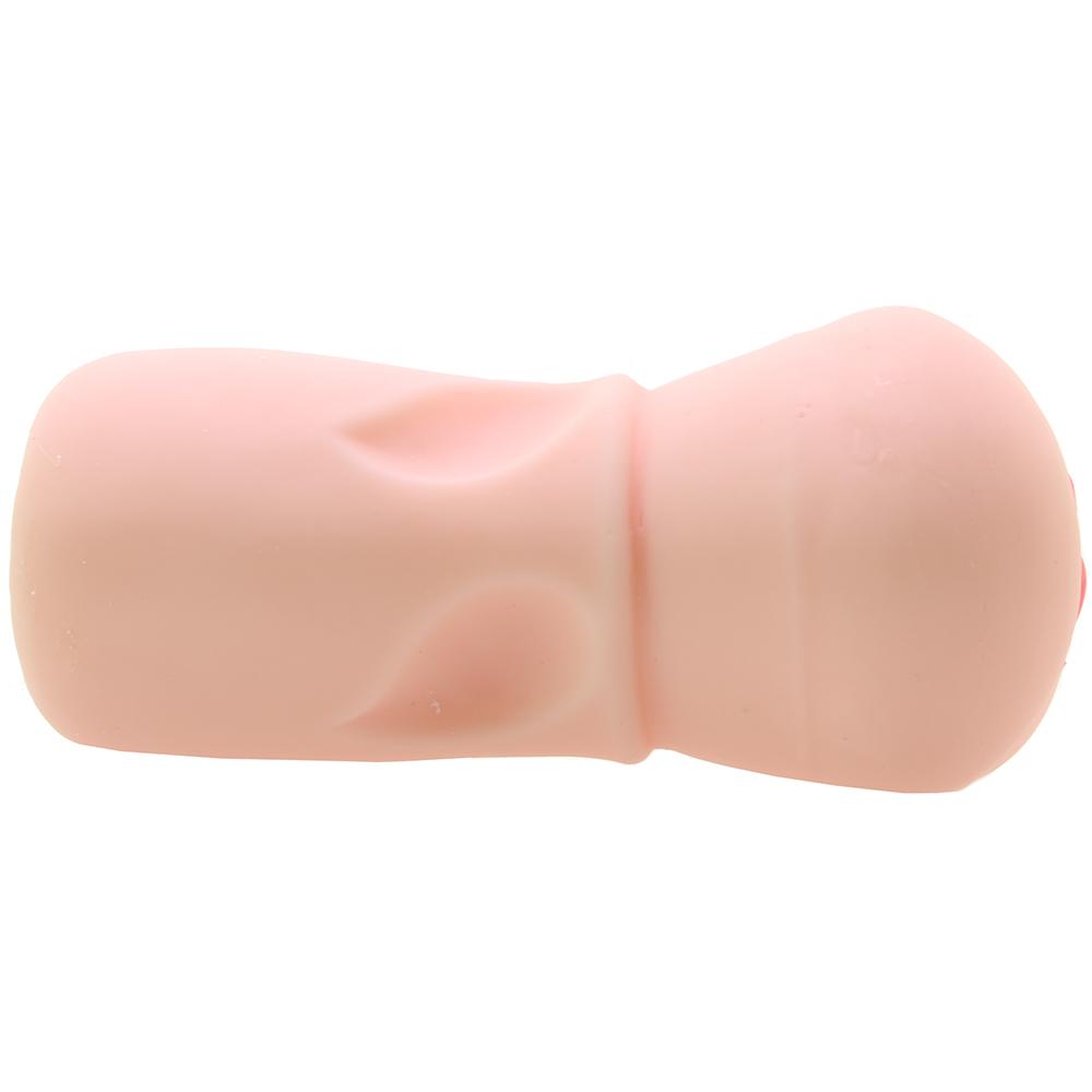 A pink, textured vaginal stroker with a flared end.