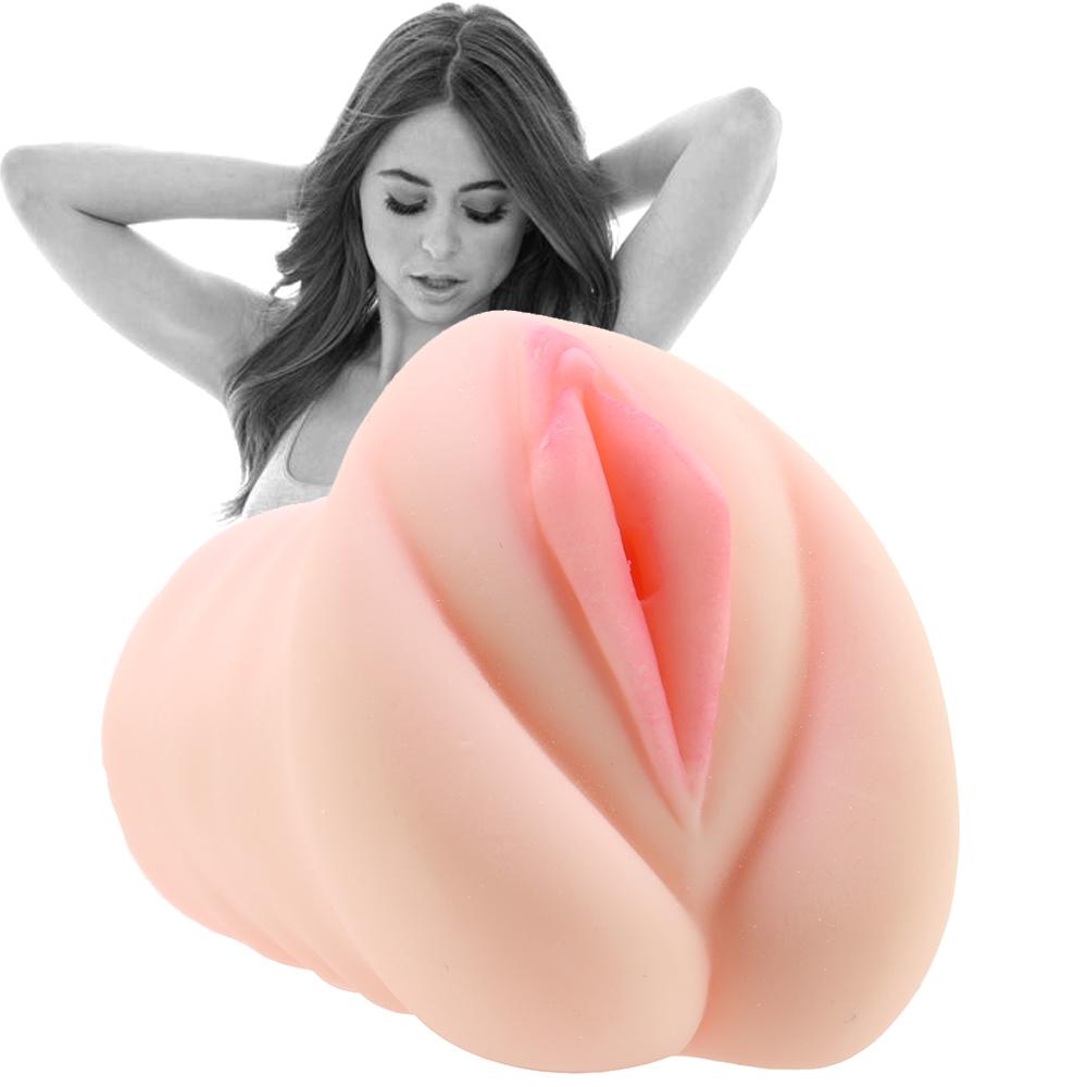 Realistic vagina stroker with a pink interior and textured exterior.
