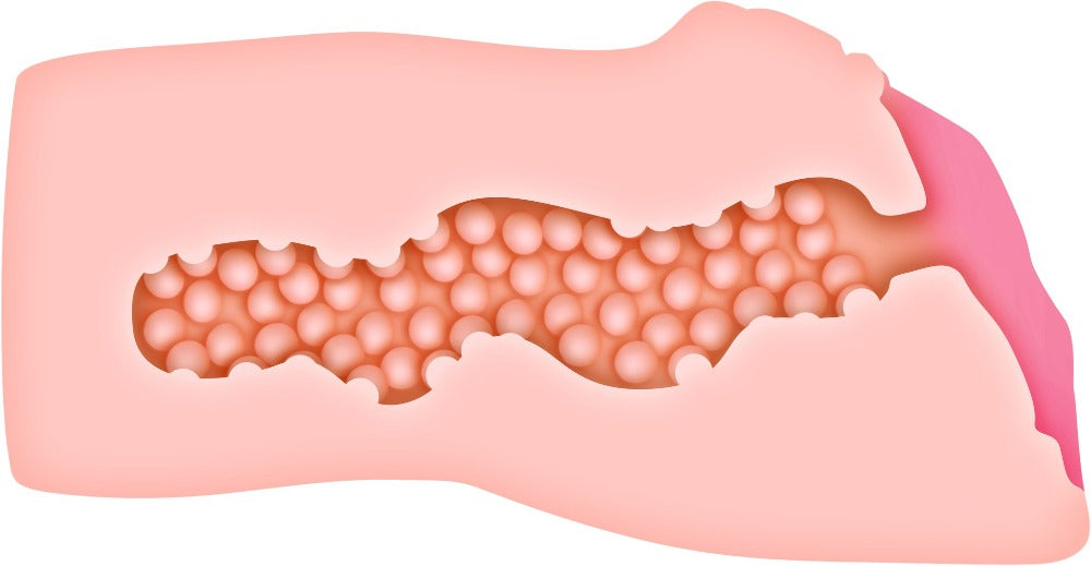 Realistic vaginal stroker with a beaded channel.