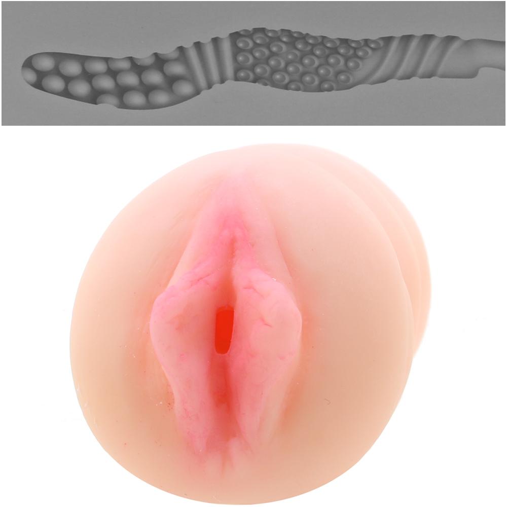 Realistic vaginal stroker with textured inner channel.