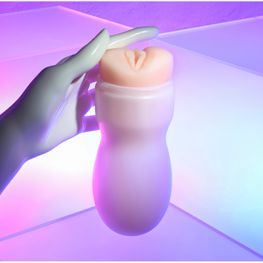 A white mannequin hand holds a pink textured male masturbator.