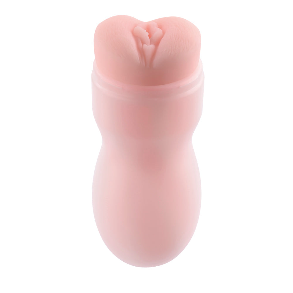 A pink textured male masturbator with a ribbed opening.