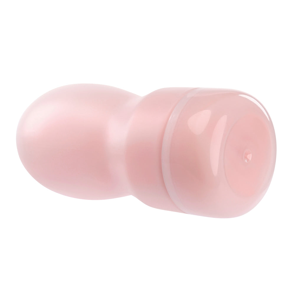 A pink textured pocket stroker with a smooth, bulbous end and a ribbed opening.