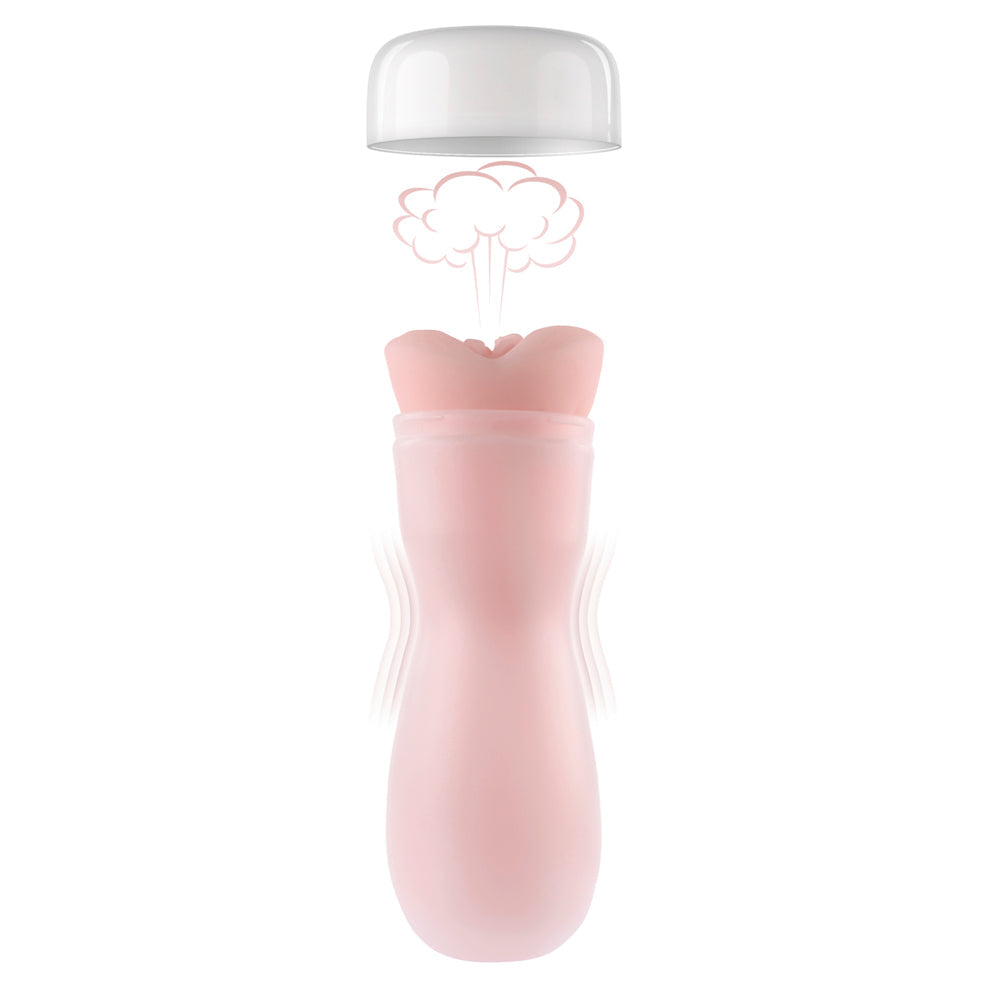 Pink textured male masturbator with a white cap and steam graphic.