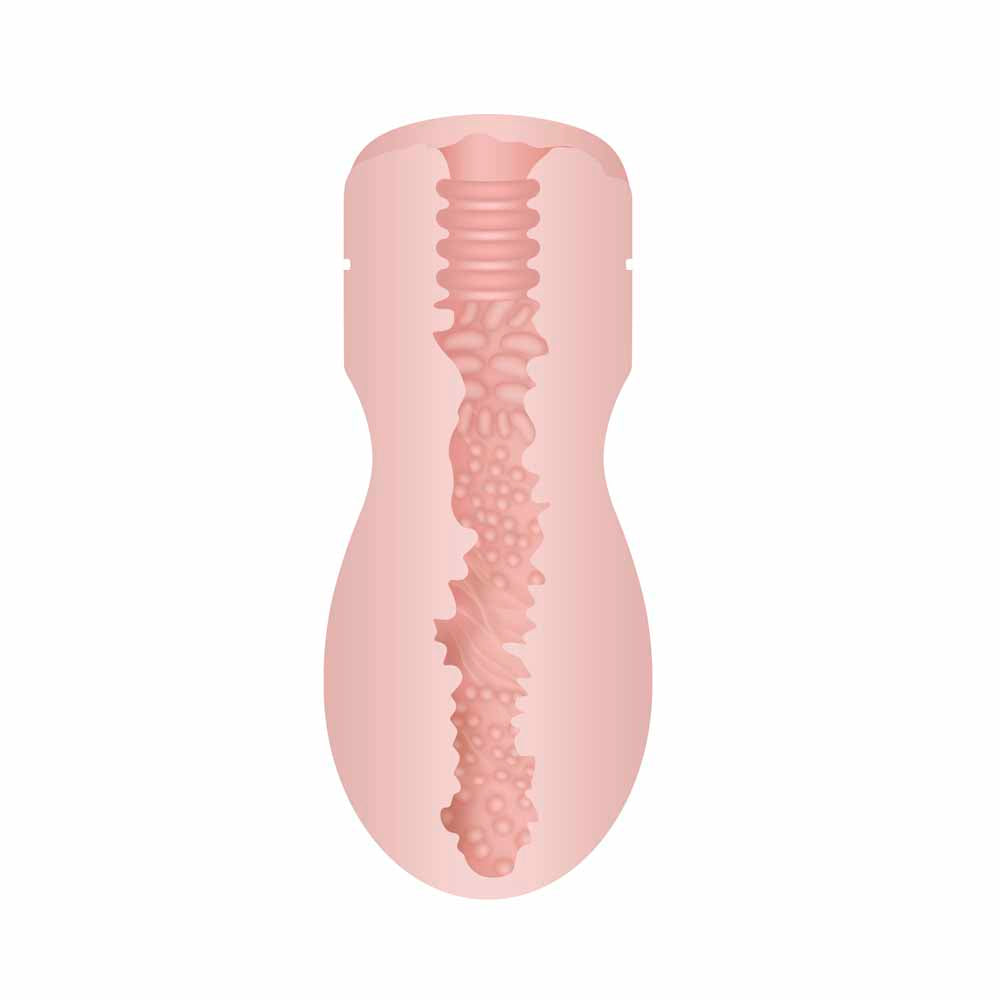 Textured pocket stroker made of pink TPE with internal ridges and bumps.