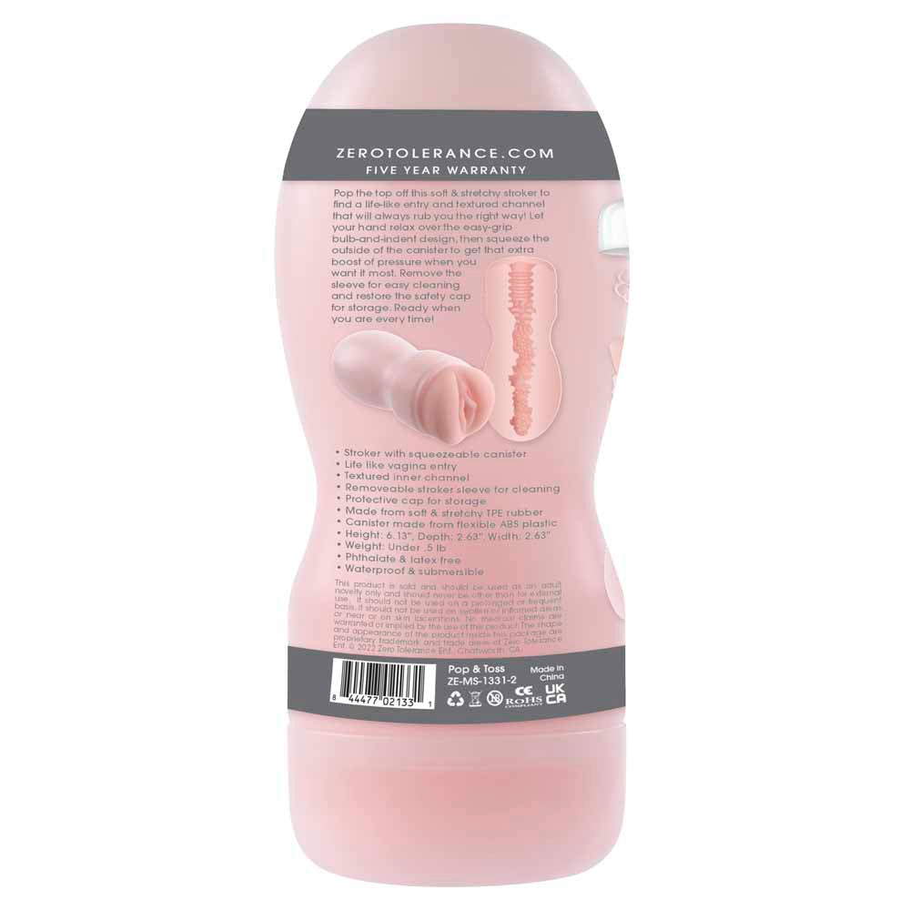 Pink textured stroker with a clear canister and product information.