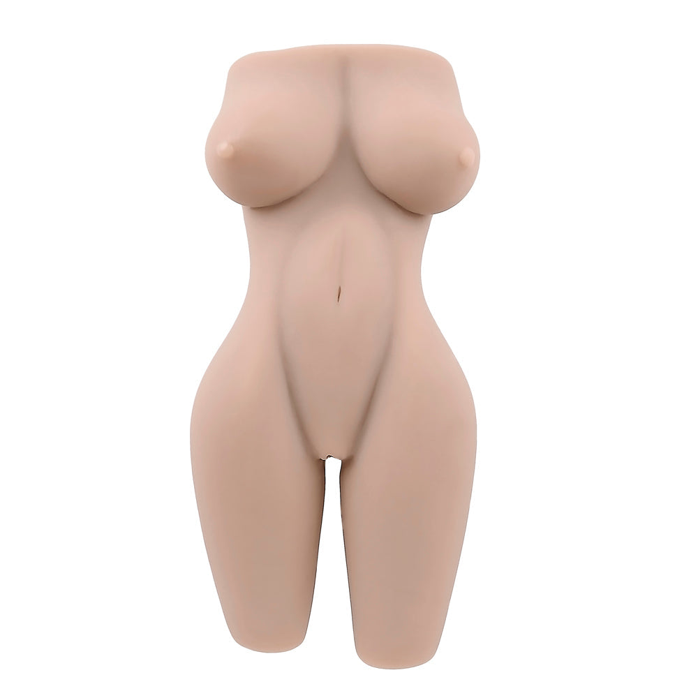 Realistic female torso stroker in soft TPE with textured interior and vibrating ring.