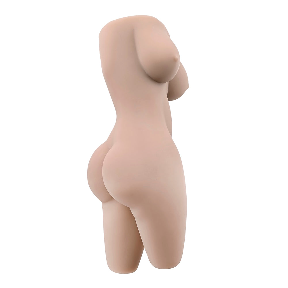 Side view of a textured, realistic female torso stroker in soft tan TPE with beaded interior.