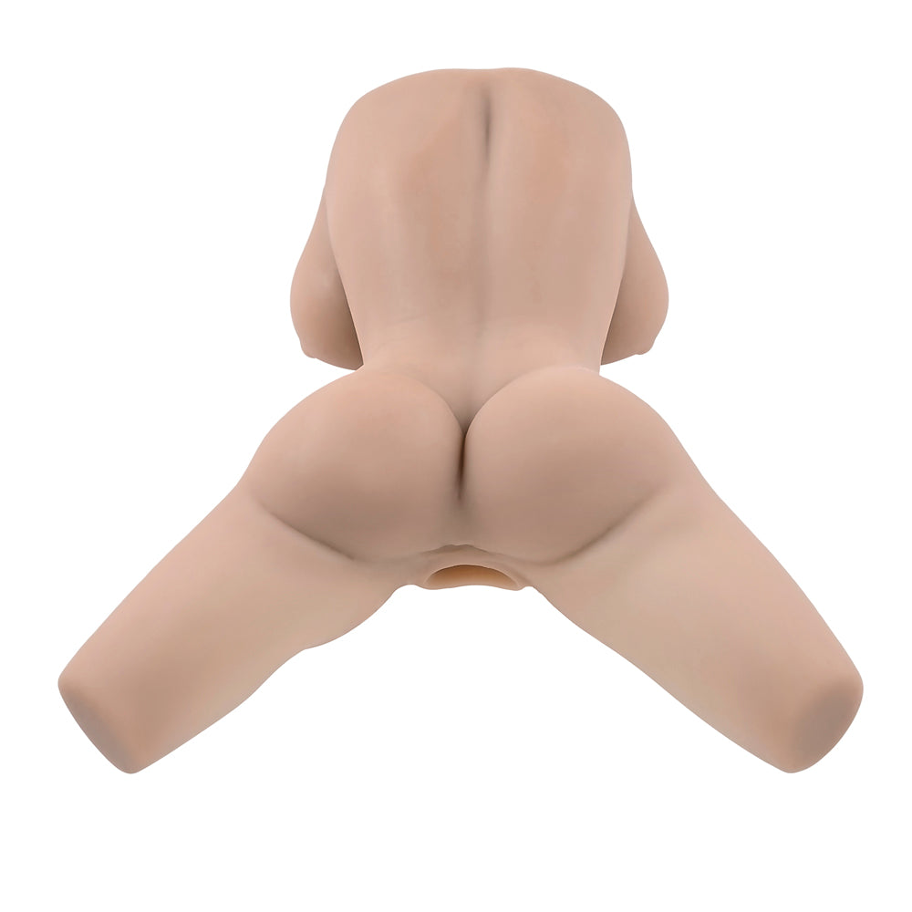 Rear view of textured body stroker with lifelike curves and visible textured channel.