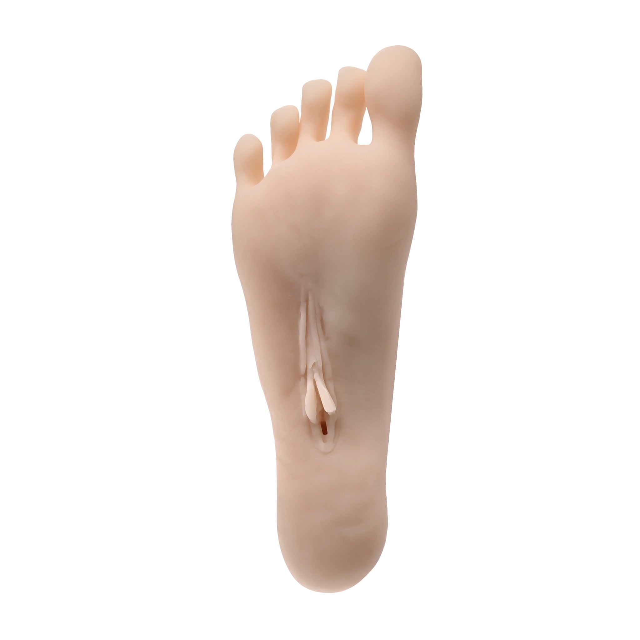Realistic TPE foot fetish toy with detailed toes and a unique opening.