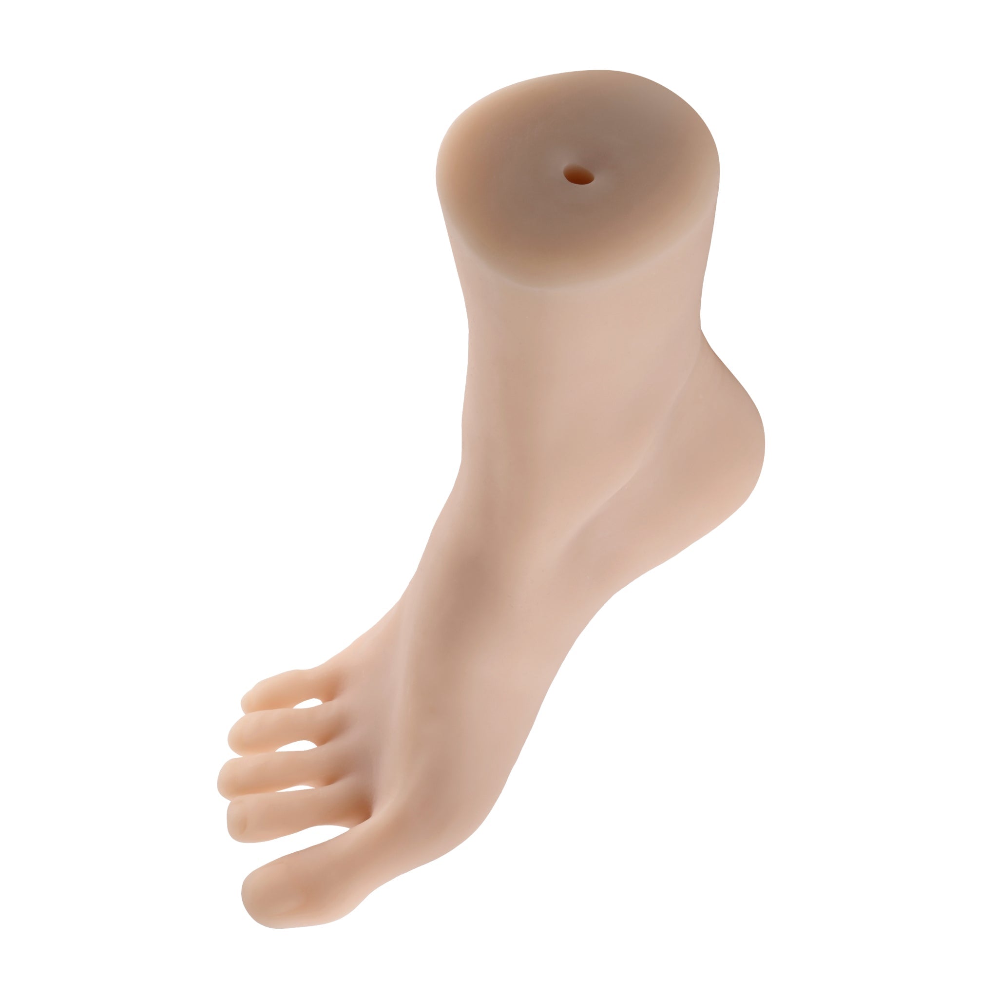 Realistic TPE foot fetish toy with detailed toes and a hollow top.