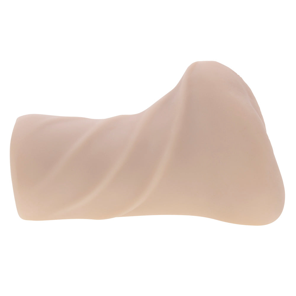 A beige dual entry stroker with a twisted texture.