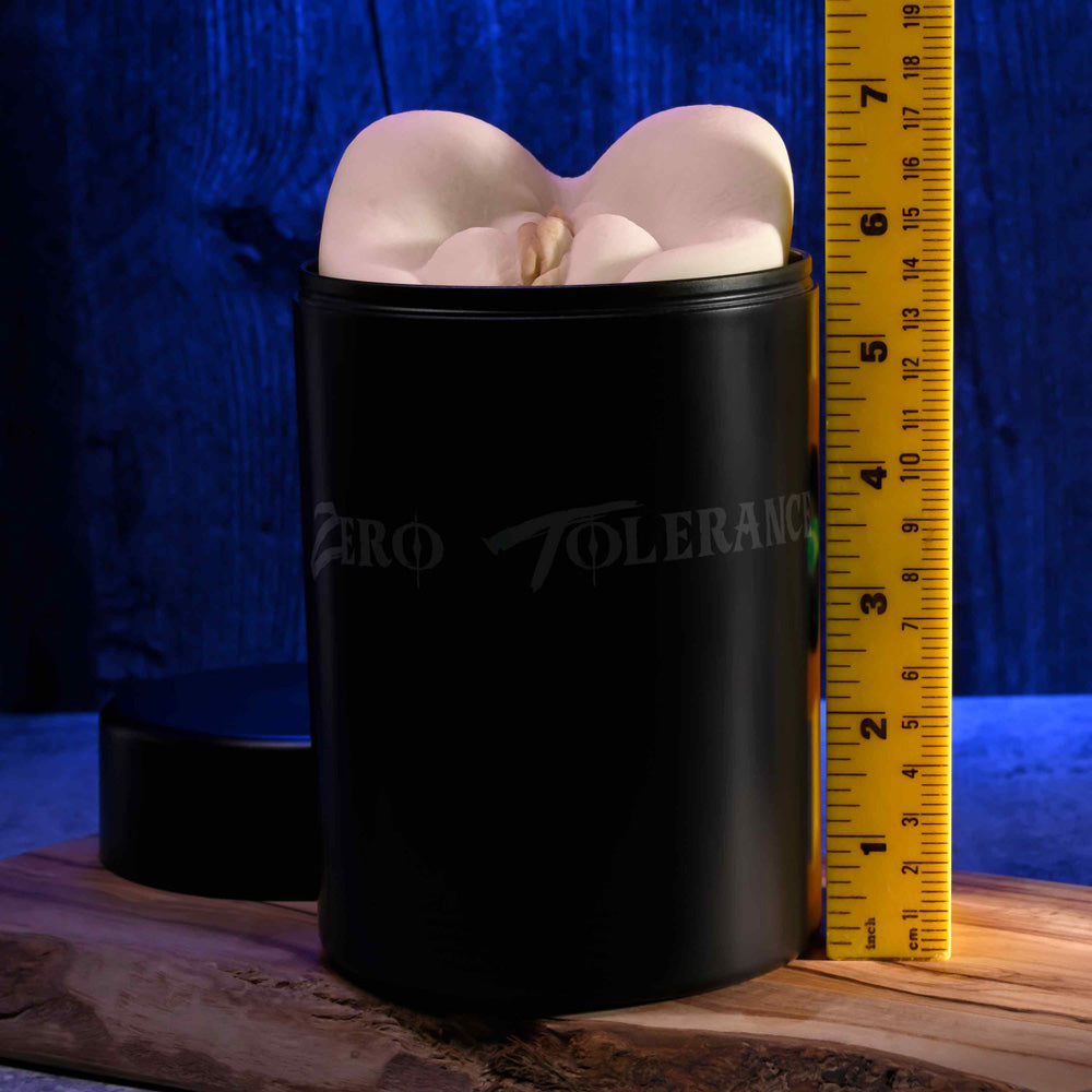 Sasha Grey Dual Entry Stroker in a black Zero Tolerance canister with a ruler.
