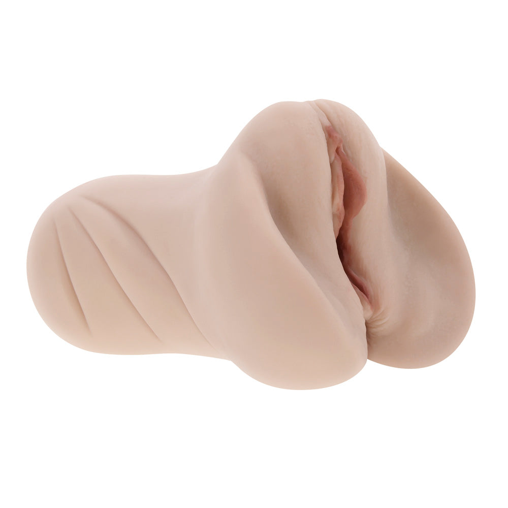 Dual-entry stroker in beige TPR with textured base and waterproof canister.