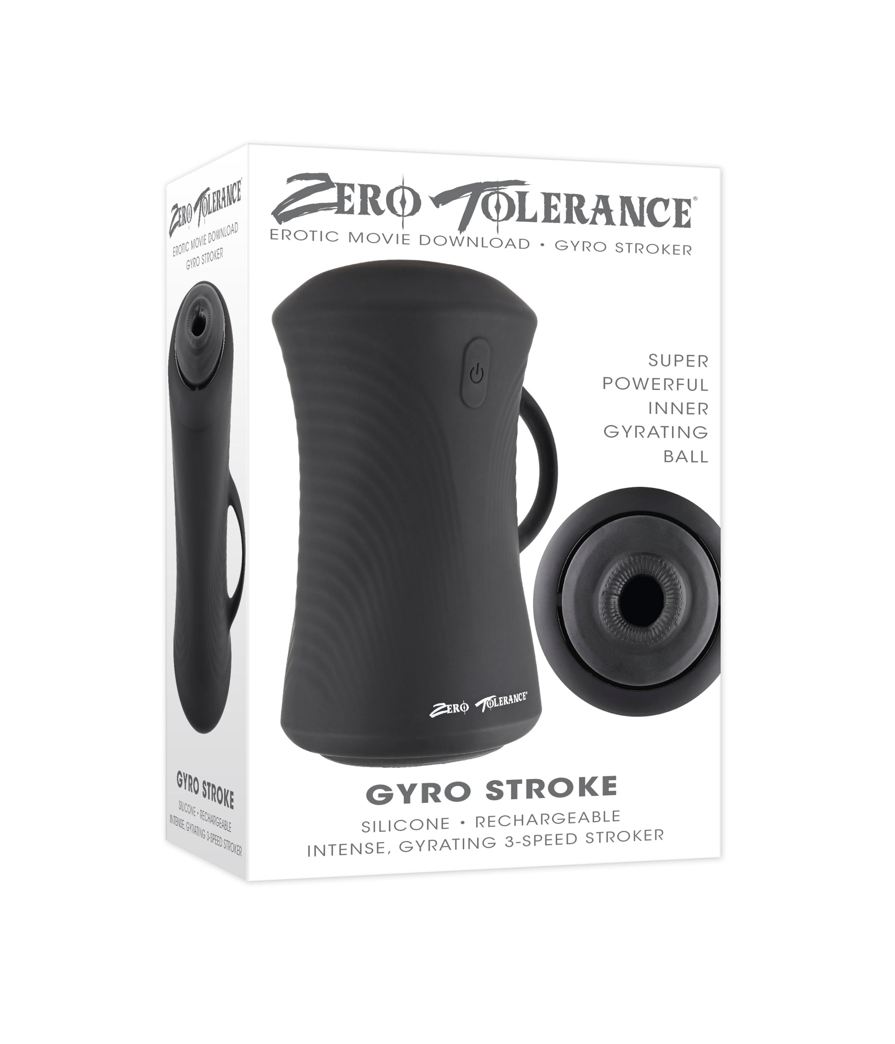 Zero Tolerance black silicone gyrating ball stroker with handle.