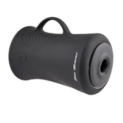 Black silicone stroker with a handle and textured interior.