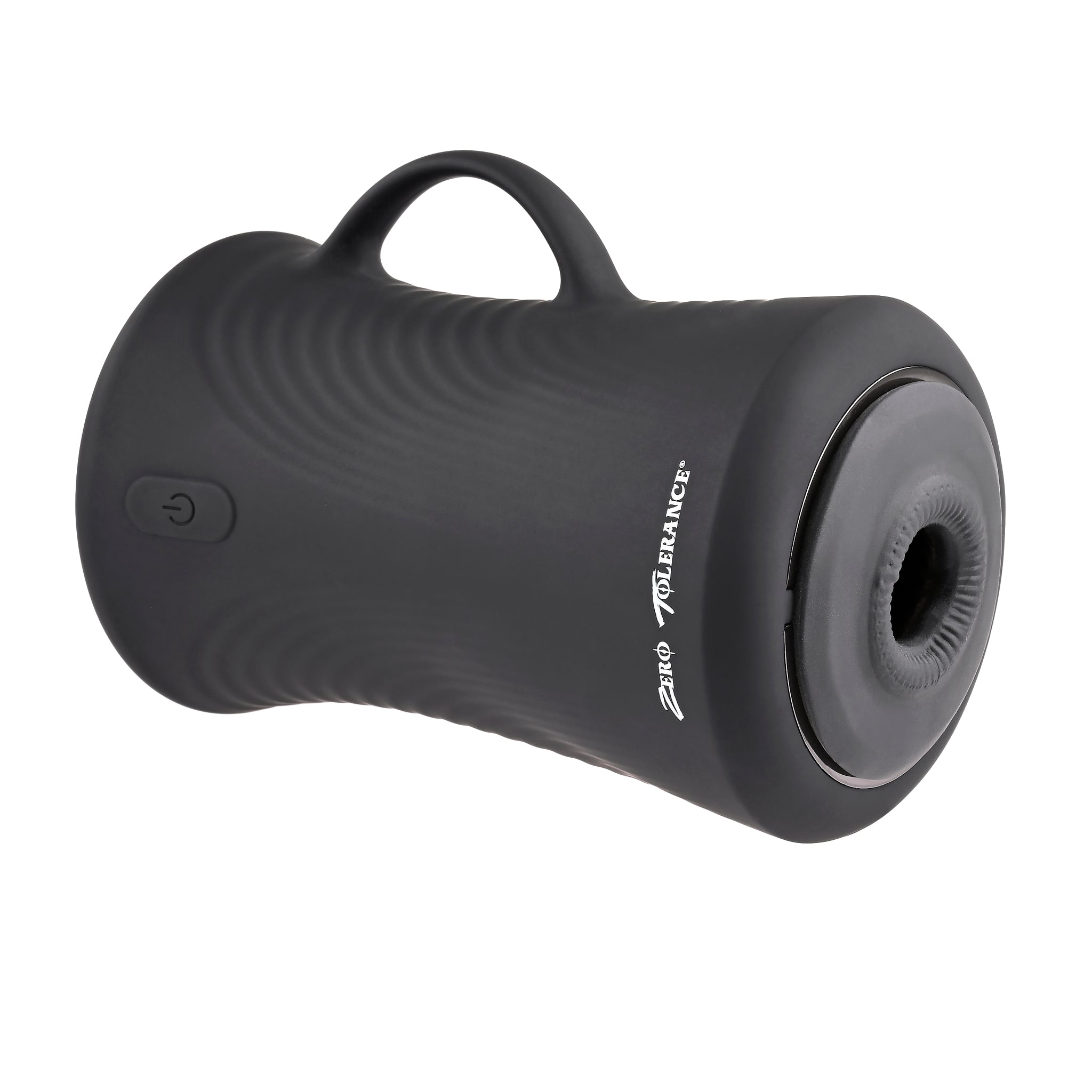 Black silicone stroker with a handle and textured interior.