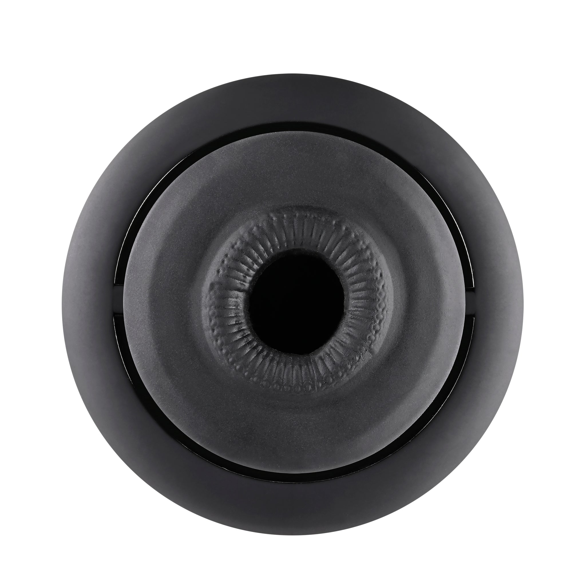 Black silicone stroker with textured inner ball and outer ring.
