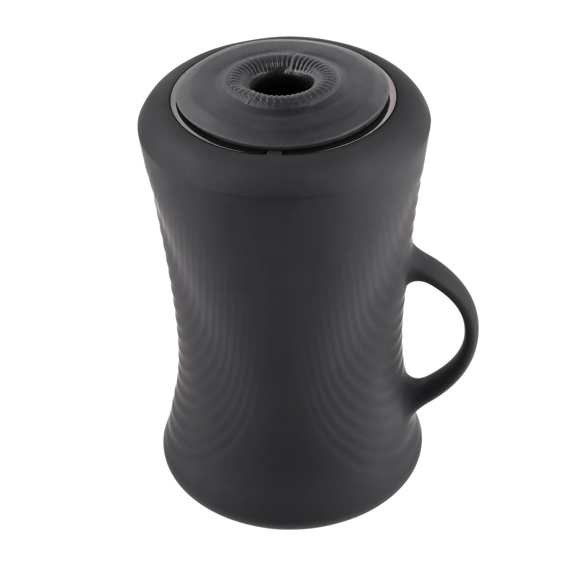 Black gyrating ball stroker with textured body and handle.