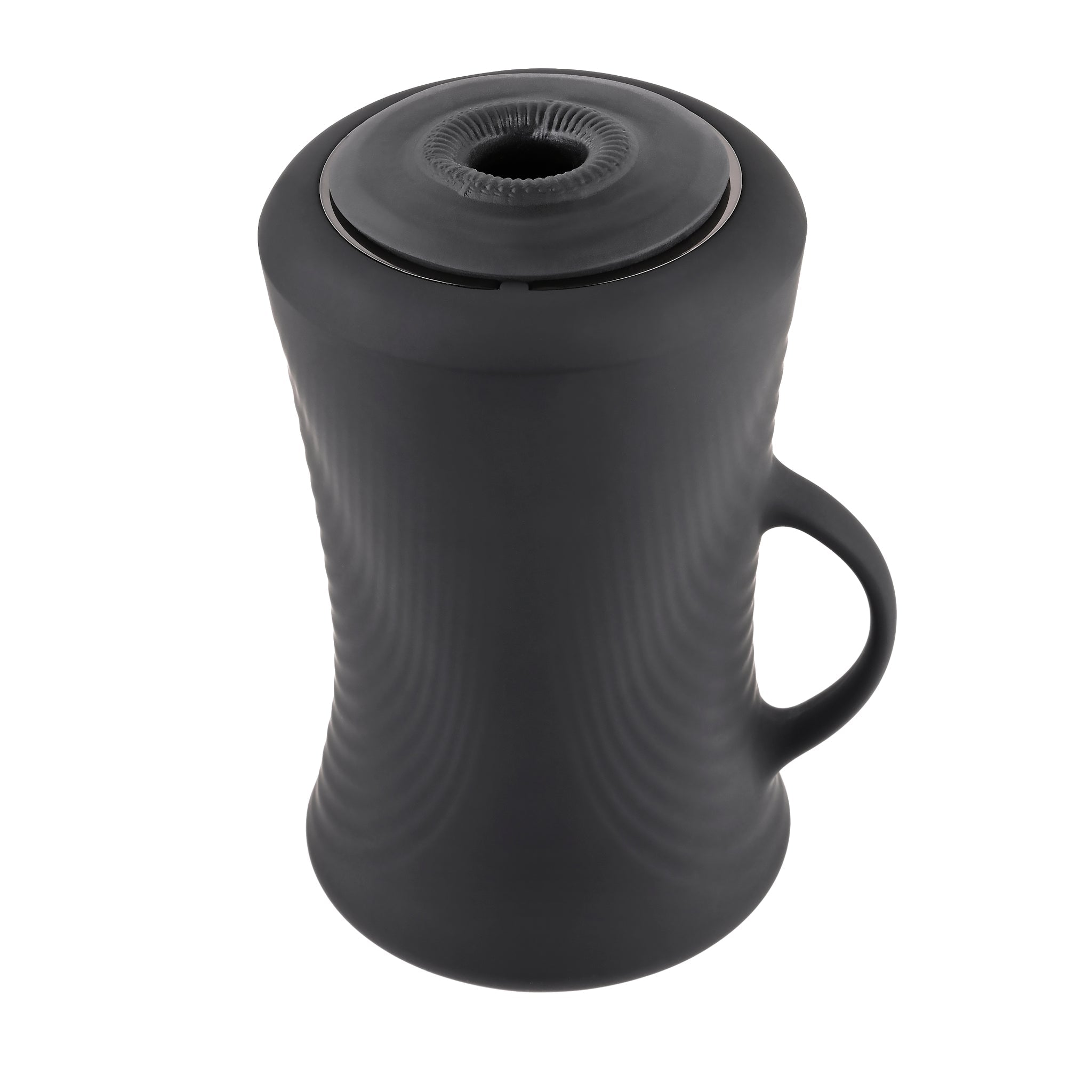 Black gyrating ball stroker with textured body and handle.
