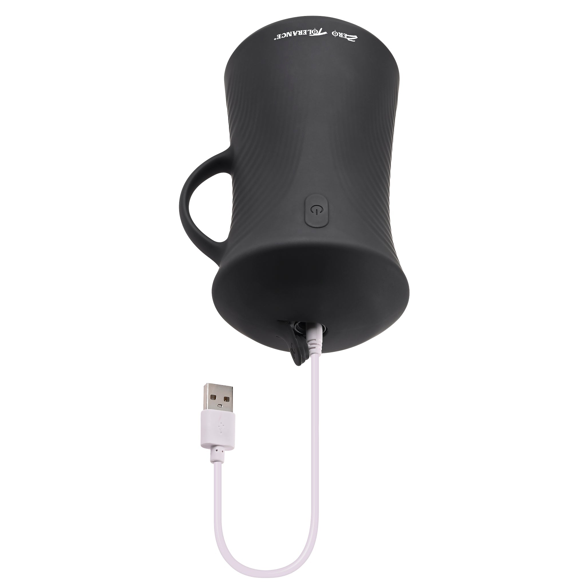 Black silicone gyrating ball stroker with USB charging cable.